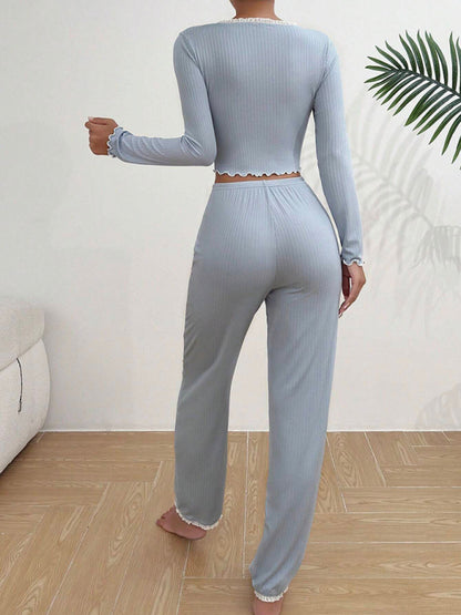 Conjunto de pijama de mujer de manga larga y pantalón largo de encaje sexy 