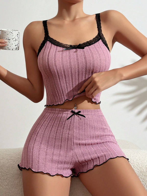 New style stretch pajamas women's lace edge suspender shorts set