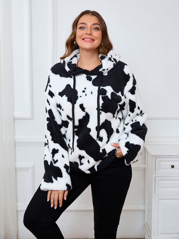 Plus size women's loose casual cow plush long sleeve hooded sweatshirt