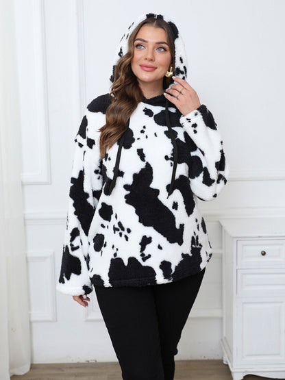 Plus size women's loose casual cow plush long sleeve hooded sweatshirt