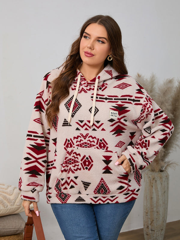 Plus size women's loose casual geometric pattern thickened plush sweatshirt jacket