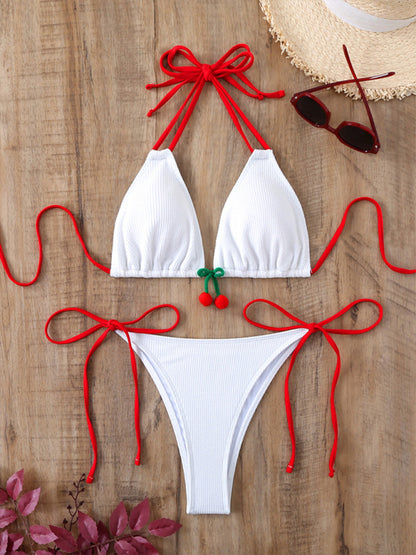 Bikini sexy fendu en tissu spécial blanc attaché pour petite fille cerise 