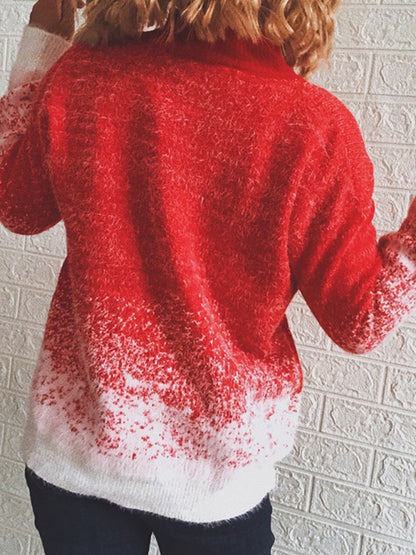 Women's Half Turtleneck Long Sleeve Snowflake Colorblock Knit Christmas Sweater Sweater