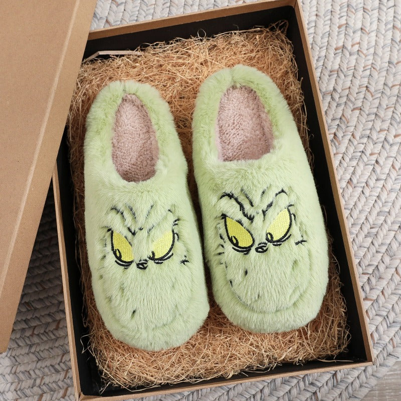 Christmas cotton slippers for men and women, green furry winter warm indoor slippers