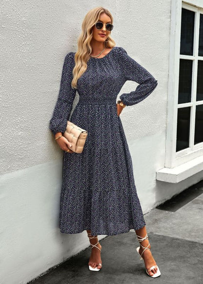 Women Floral Print Long Sleeve Midi Dress